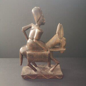 Vintage Signed Intricately Hand Carved Tribal Woman Riding a Donkey 9" Tall
